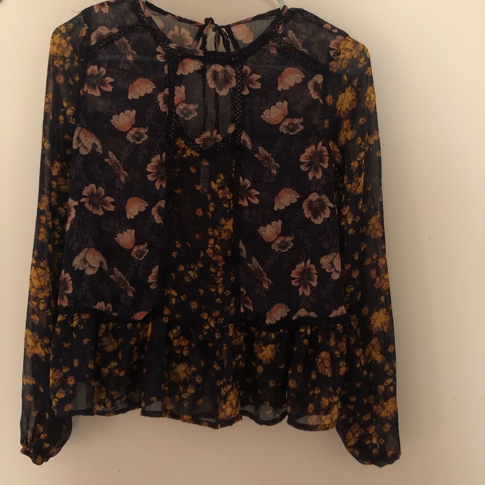 Xhilaration Flowy Floral Dark Blue Lace Blouse